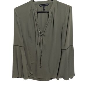 White House Black Market Olive Green Lace-Up Henley Blouse Size 2 Flowy Long Sle